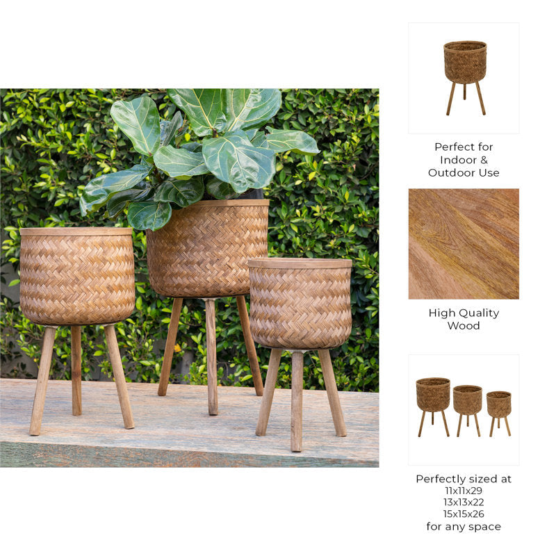 Handwoven Bamboo and Pine Wood Planters with Tripod Base, Decorative Woven Design, Durable Construction, Set of 3