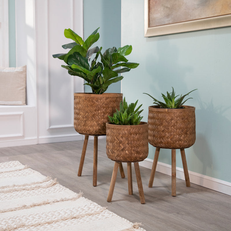 Handwoven Bamboo and Pine Wood Planters with Tripod Base, Decorative Woven Design, Durable Construction, Set of 3
