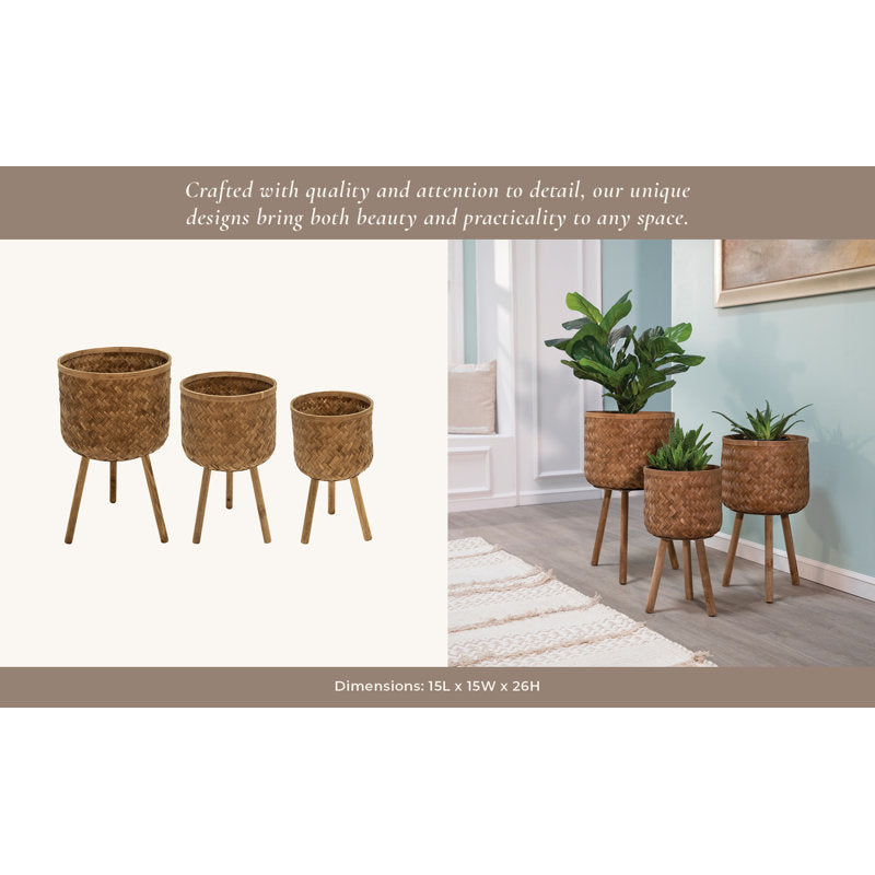 Handwoven Bamboo and Pine Wood Planters with Tripod Base, Decorative Woven Design, Durable Construction, Set of 3