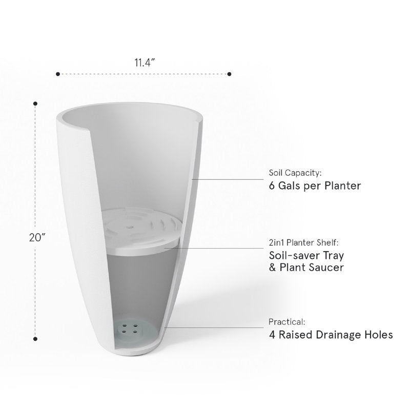 Tall Round Planter, Large Tall White Planter with Tray