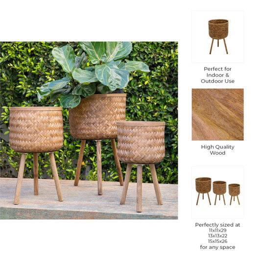 Handwoven Bamboo and Pine Wood Planters with Tripod Base, Decorative Woven Design, Durable Construction, Set of 3