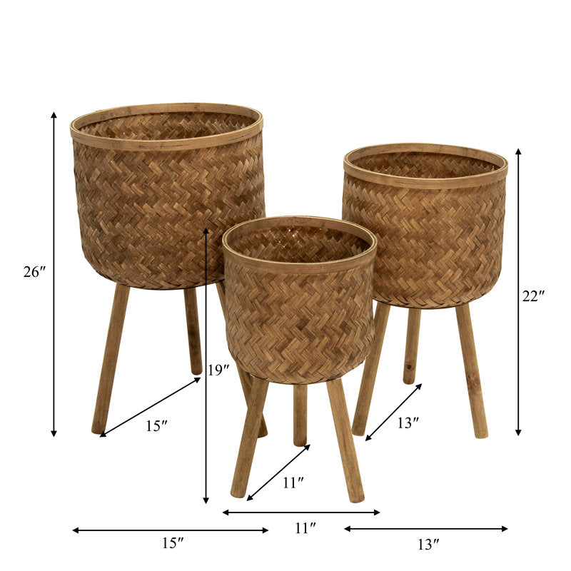 Handwoven Bamboo and Pine Wood Planters with Tripod Base, Decorative Woven Design, Durable Construction, Set of 3