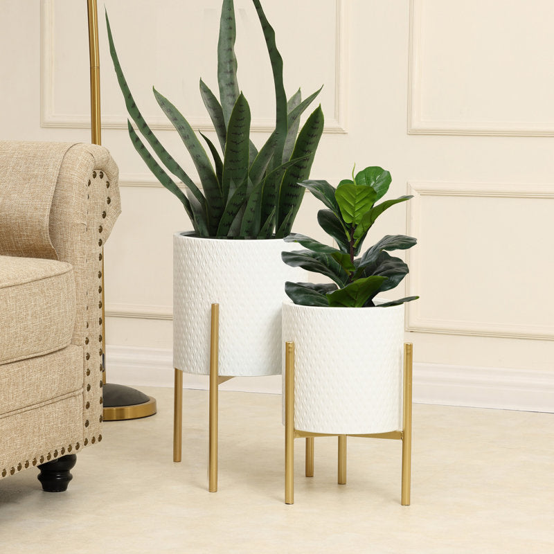 Kasandra 2-Piece Handmade Metal Pot Planter with Gold Stand Set