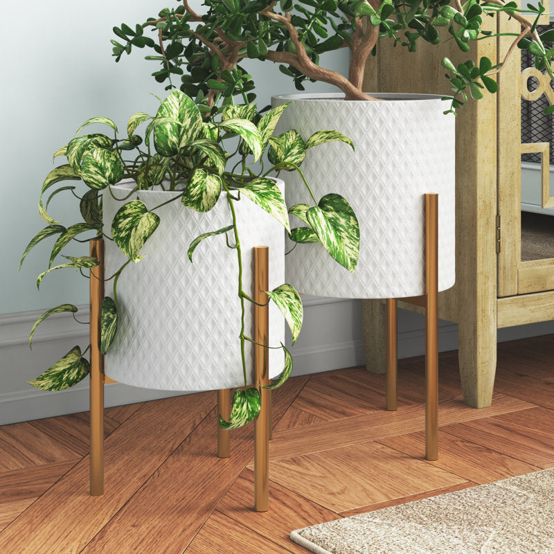 Kasandra 2-Piece Handmade Metal Pot Planter with Gold Stand Set