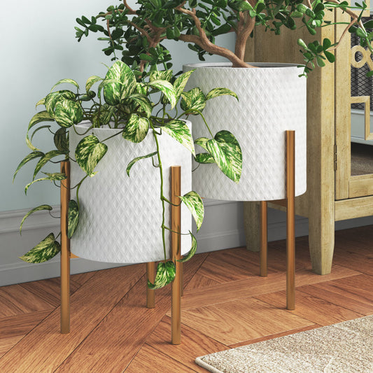 Kasandra 2-Piece Handmade Metal Pot Planter with Gold Stand Set