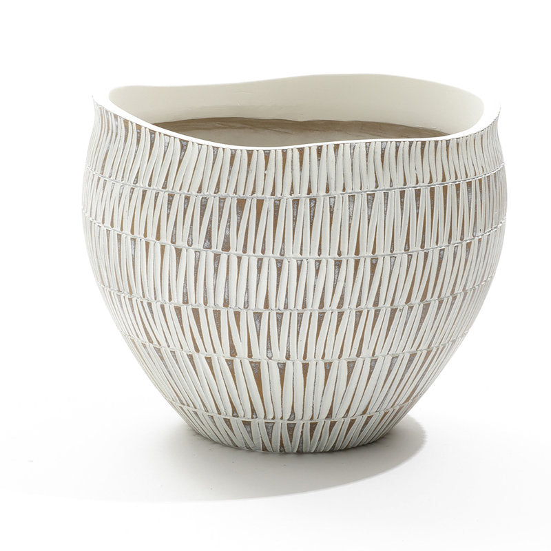 White and Gold V-Pattern Polyresin Round Planter
