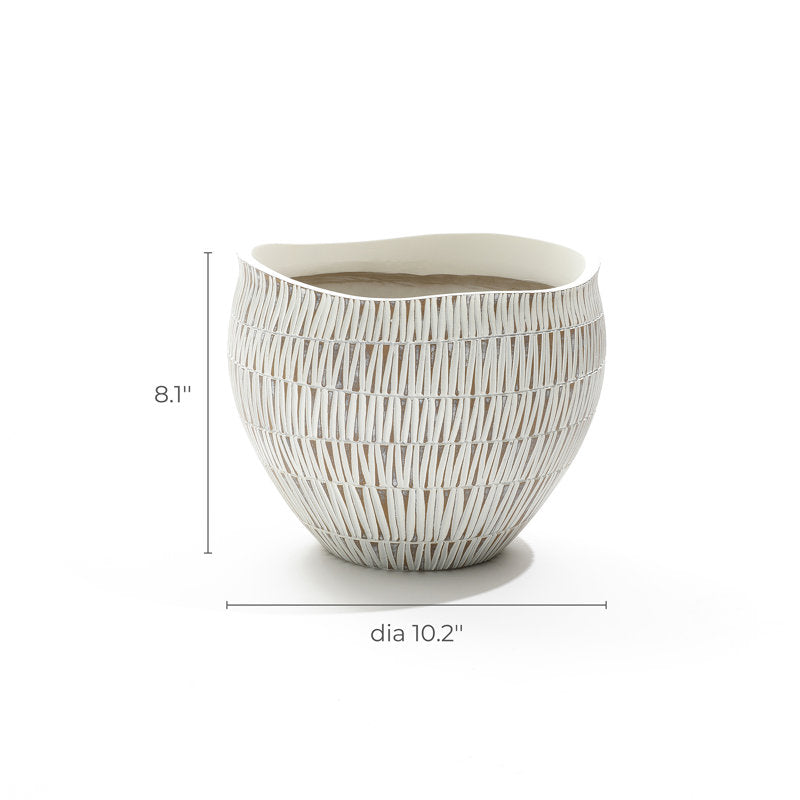 White and Gold V-Pattern Polyresin Round Planter