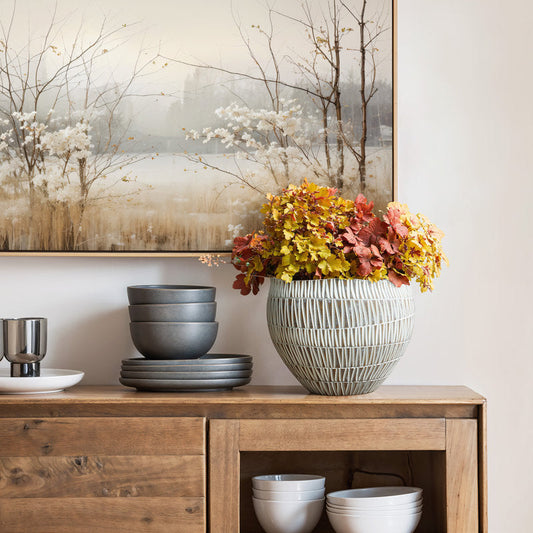 White and Gold V-Pattern Polyresin Round Planter